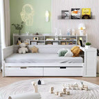 Bellemave Letto a Giorno in Legno con Ripiani, 2 Cassetti e Scrivania Integrata, Letto Multifunzione Salvaspazio Matrimoniale/Singolo, Naturale o Bianco Antico