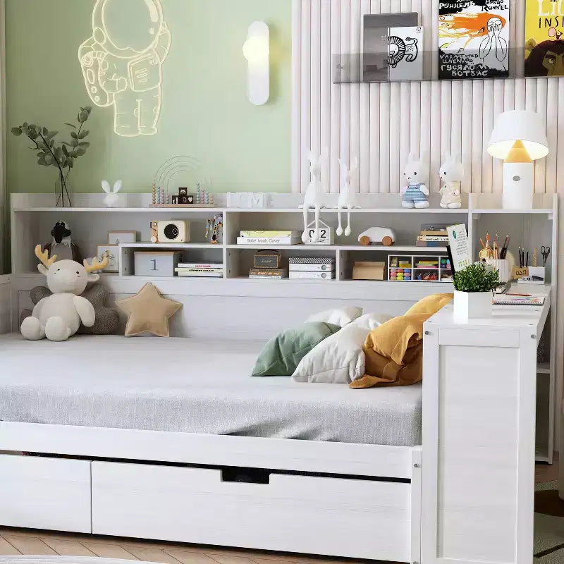 Bellemave Letto a Giorno in Legno con Ripiani, 2 Cassetti e Scrivania Integrata, Letto Multifunzione Salvaspazio Matrimoniale/Singolo, Naturale o Bianco Antico