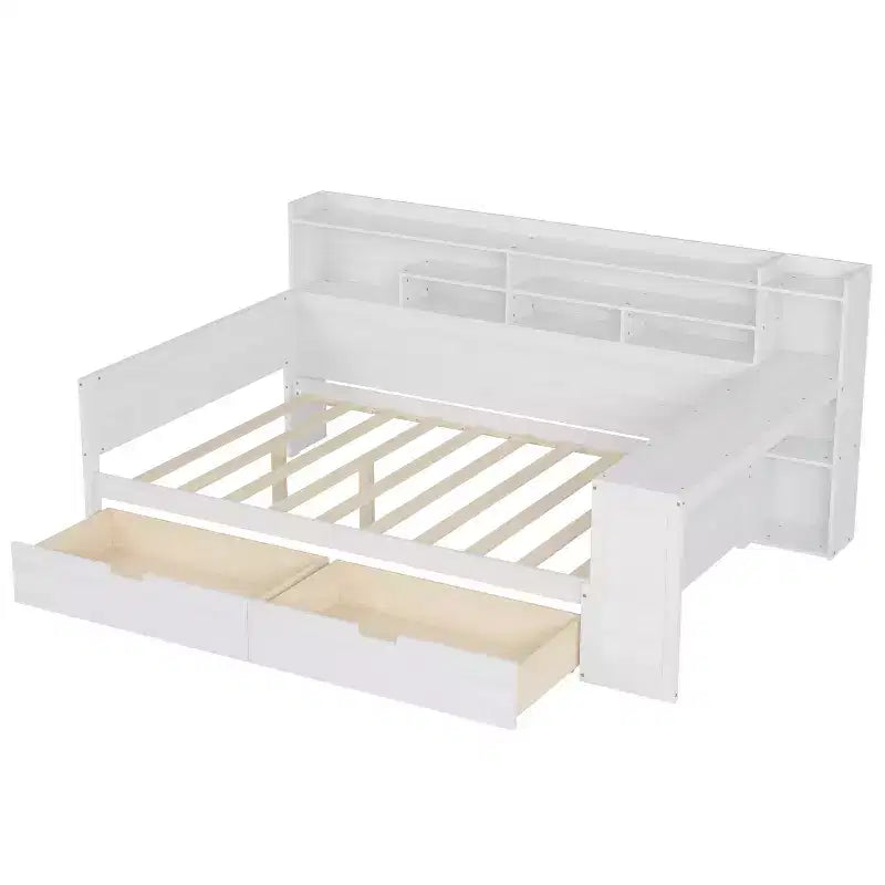 Bellemave Letto a Giorno in Legno con Ripiani, 2 Cassetti e Scrivania Integrata, Letto Multifunzione Salvaspazio Matrimoniale/Singolo, Naturale o Bianco Antico