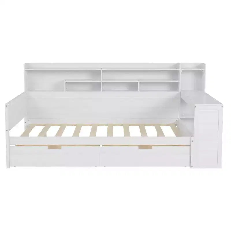Bellemave Letto a Giorno in Legno con Ripiani, 2 Cassetti e Scrivania Integrata, Letto Multifunzione Salvaspazio Matrimoniale/Singolo, Naturale o Bianco Antico