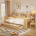 Bellemave Letto a Giorno in Legno con Ripiani, 2 Cassetti e Scrivania Integrata, Letto Multifunzione Salvaspazio Matrimoniale/Singolo, Naturale o Bianco Antico