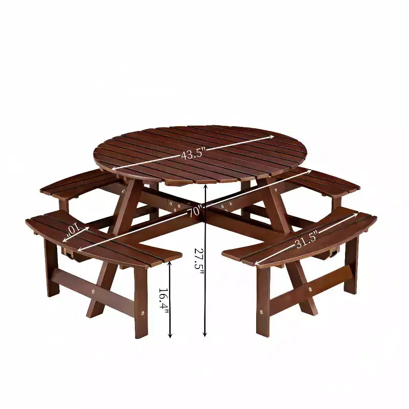 Tavolo da picnic rotondo per 8 persone con panche integrate per esterni, patio o veranda