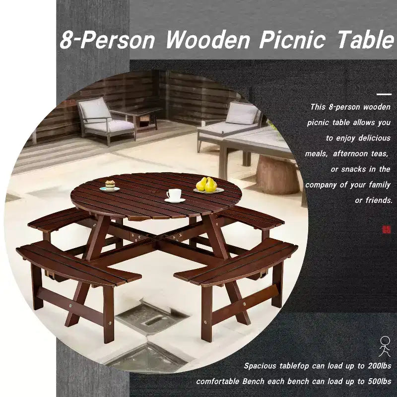 Tavolo da picnic rotondo per 8 persone con panche integrate per esterni, patio o veranda
