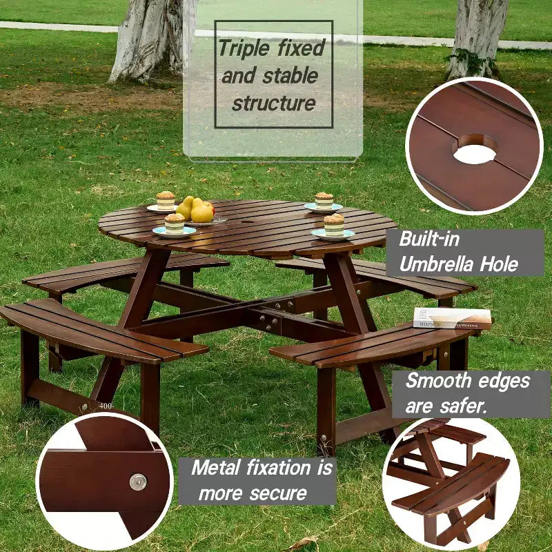 Tavolo da picnic rotondo per 8 persone con panche integrate per esterni, patio o veranda