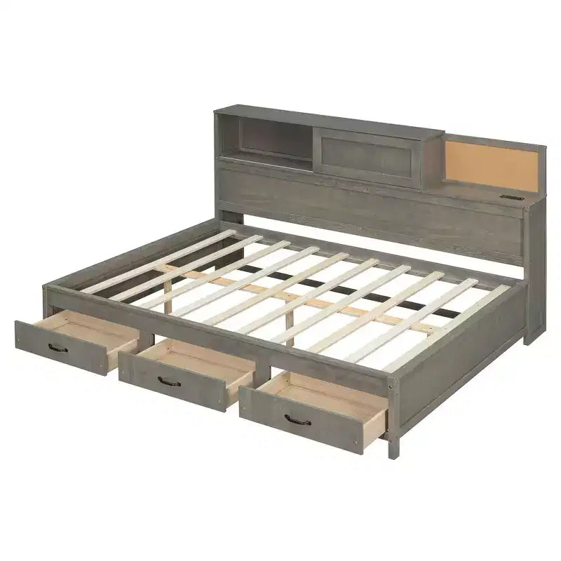 Luxystar Letto a giorno in legno full size con 3 cassetti, mensola e prese elettriche