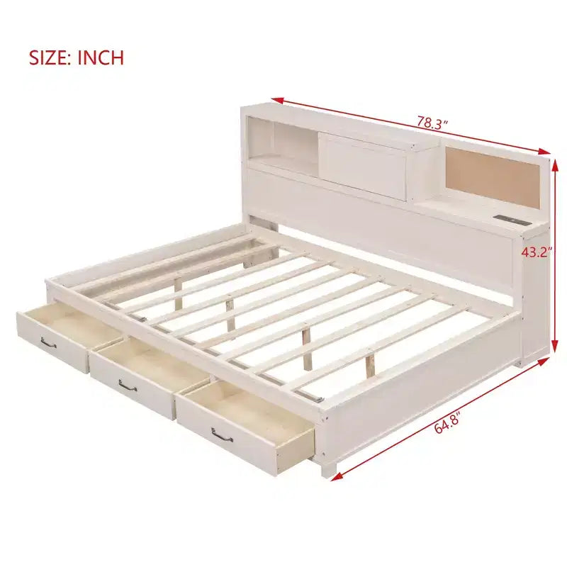 Luxystar Letto a giorno in legno full size con 3 cassetti, mensola e prese elettriche