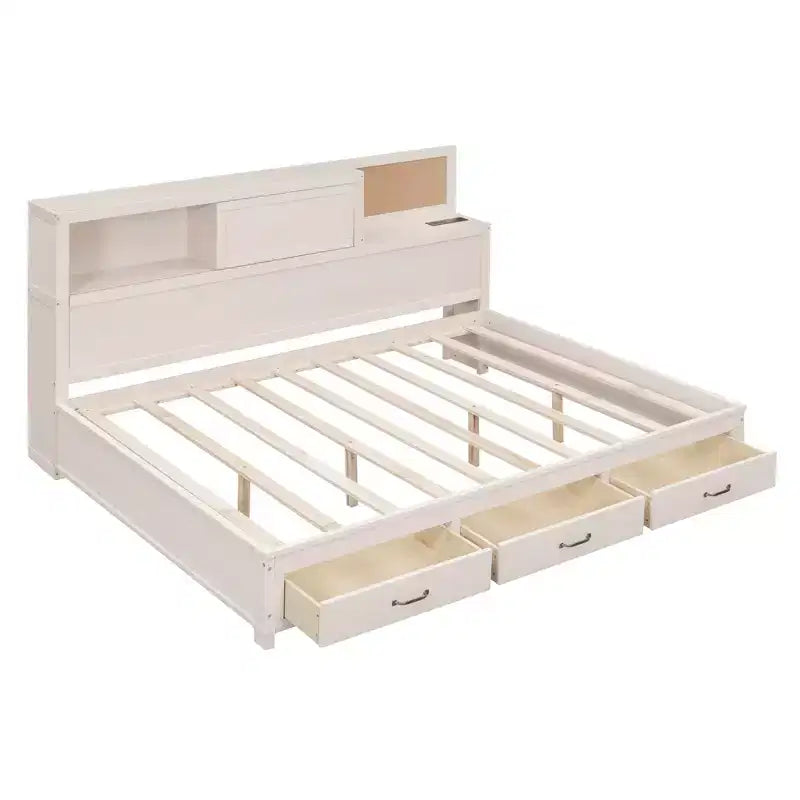 Luxystar Letto a giorno in legno full size con 3 cassetti, mensola e prese elettriche