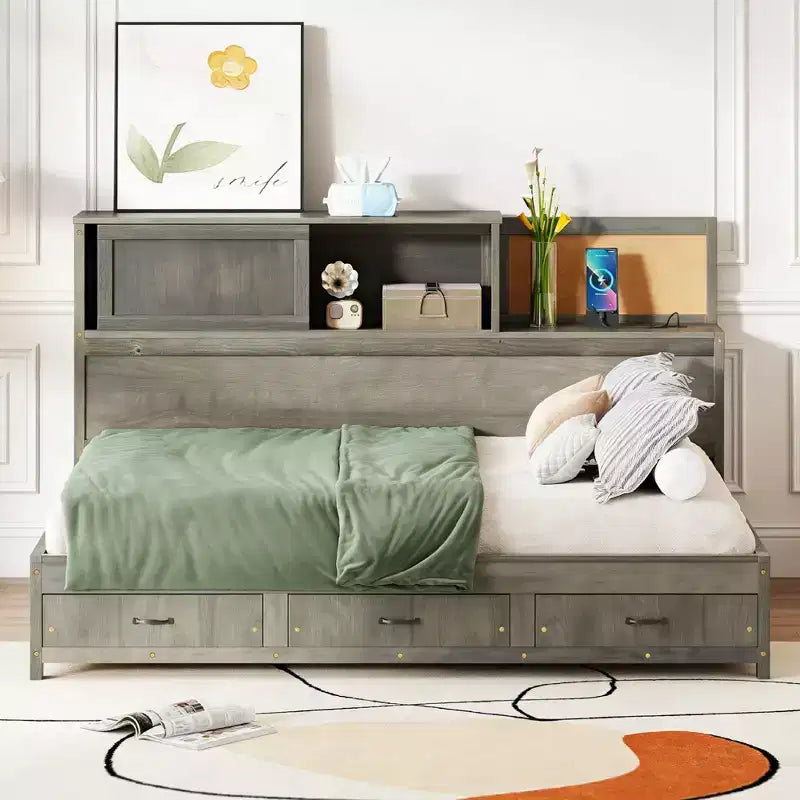 Luxystar Full Size Wood Daybed with 3 Drawers, Shelf and Outlets
