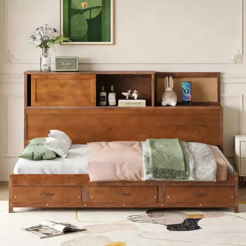 Luxystar Letto a giorno in legno full size con 3 cassetti, mensola e prese elettriche