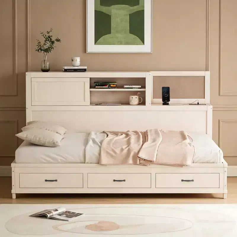Luxystar Letto a giorno in legno full size con 3 cassetti, mensola e prese elettriche