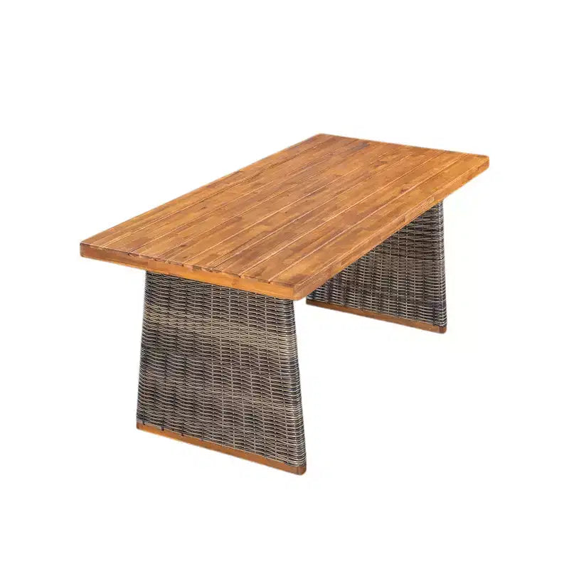 Whisen 1 Tavolo da pranzo da esterno in legno di acacia, Set tavolo da pranzo da patio con gambe in rattan intrecciato a mano, Finitura teak