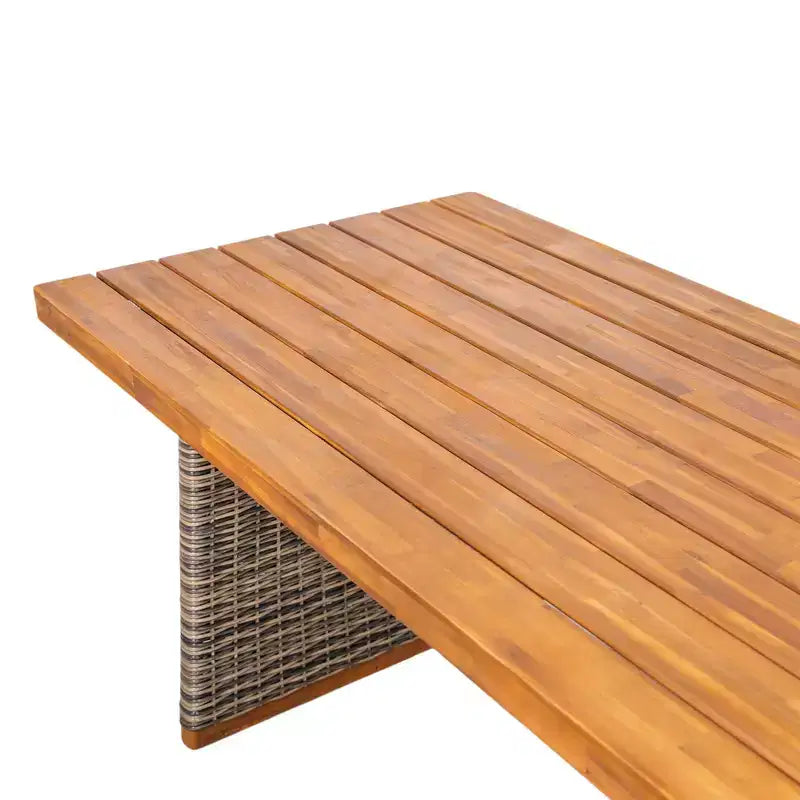 Whisen 1 Tavolo da pranzo da esterno in legno di acacia, Set tavolo da pranzo da patio con gambe in rattan intrecciato a mano, Finitura teak