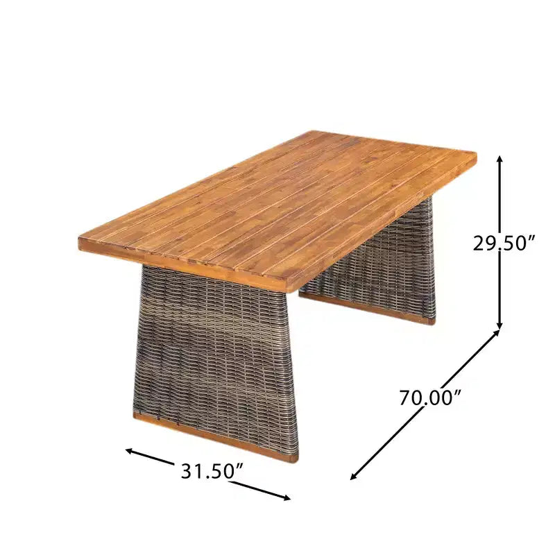 Whisen 1 Tavolo da pranzo da esterno in legno di acacia, Set tavolo da pranzo da patio con gambe in rattan intrecciato a mano, Finitura teak