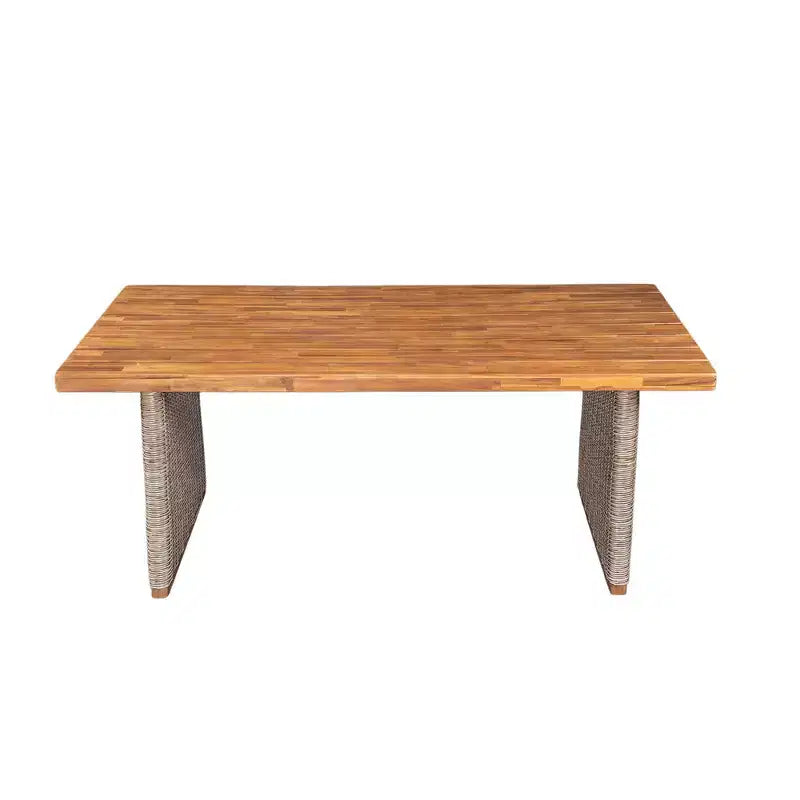 Whisen 1 Tavolo da pranzo da esterno in legno di acacia, Set tavolo da pranzo da patio con gambe in rattan intrecciato a mano, Finitura teak