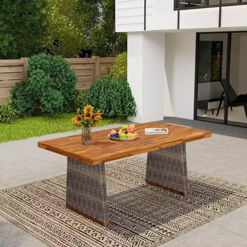 Whisen 1 Tavolo da pranzo da esterno in legno di acacia, Set tavolo da pranzo da patio con gambe in rattan intrecciato a mano, Finitura teak