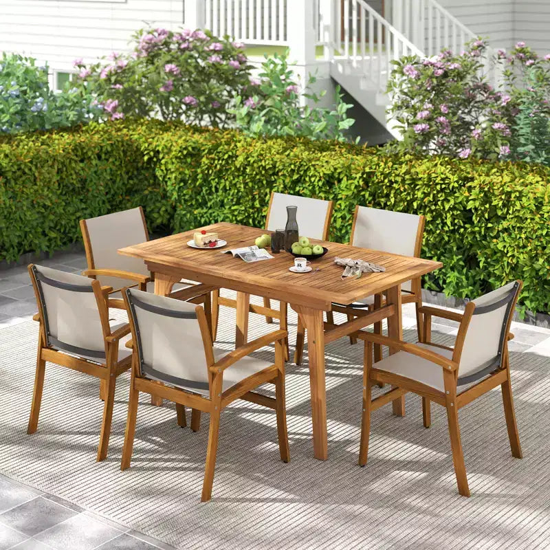 Gymax Set da Pranzo per Esterni 9 Pezzi in Legno di Acacia con Foro per Ombrellone da 5 cm per Giardino e Cortile Naturale e Grigio