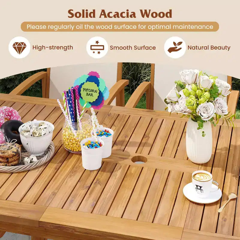 Gymax Set da Pranzo per Esterni 9 Pezzi in Legno di Acacia con Foro per Ombrellone da 5 cm per Giardino e Cortile Naturale e Grigio