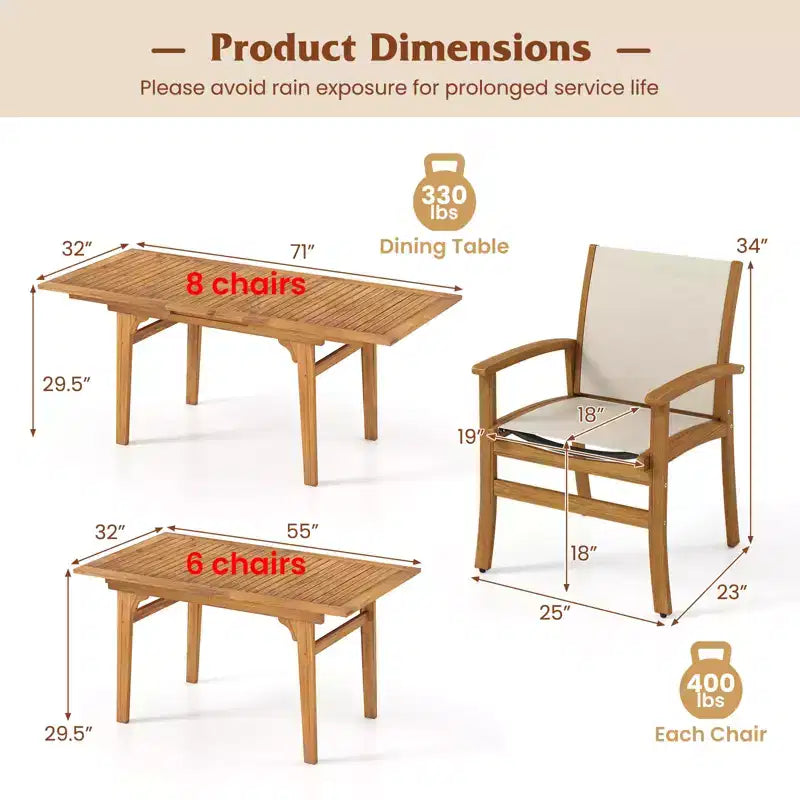 Gymax Set da Pranzo per Esterni 9 Pezzi in Legno di Acacia con Foro per Ombrellone da 5 cm per Giardino e Cortile Naturale e Grigio