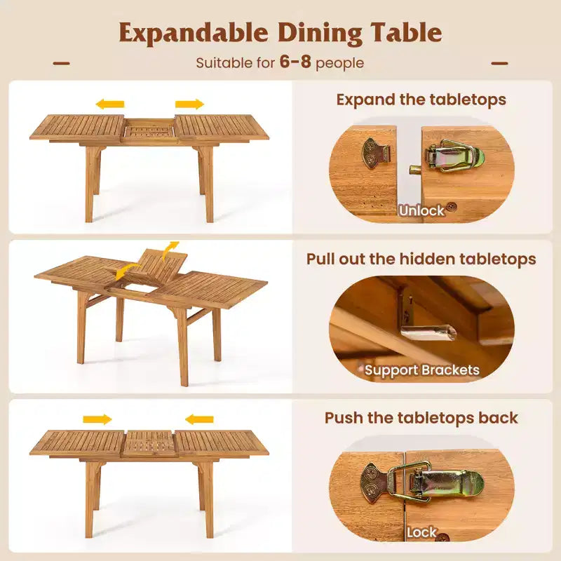 Gymax Set da Pranzo per Esterni 9 Pezzi in Legno di Acacia con Foro per Ombrellone da 5 cm per Giardino e Cortile Naturale e Grigio