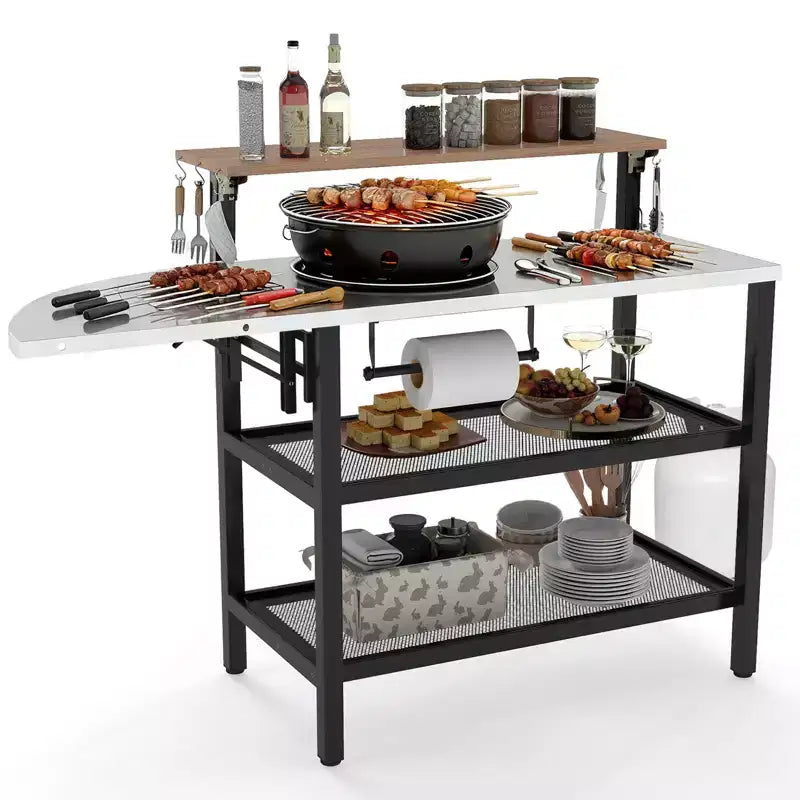 Gymax Patio Bar Table w/Flip-Up Top Foldable Side Table 2 Storage Shelves for Garden