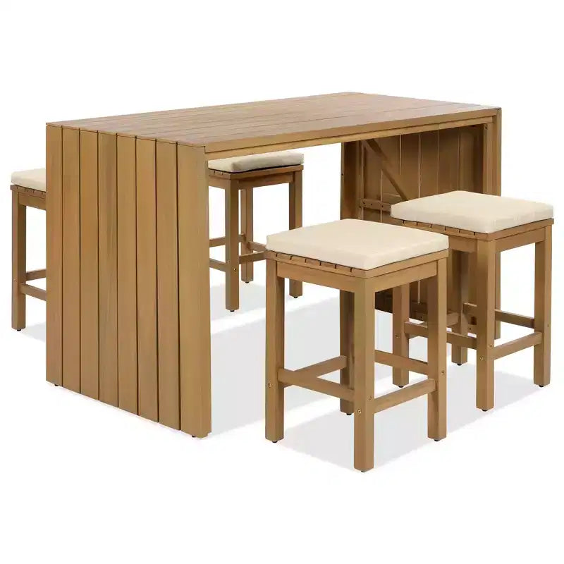 Whisen Set di Mobili da Esterno da 5 Pezzi in Legno di Acacia, Set da Bar con Tavolo Alto, 4 Sgabelli e Cuscini