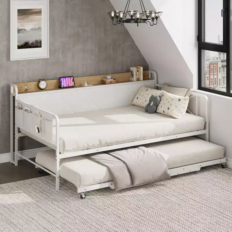 Divano letto con rotelle ed illuminazione LED, letto singolo con testiera imbottita e stazione di ricarica, divano letto con struttura in metallo per soggiorno