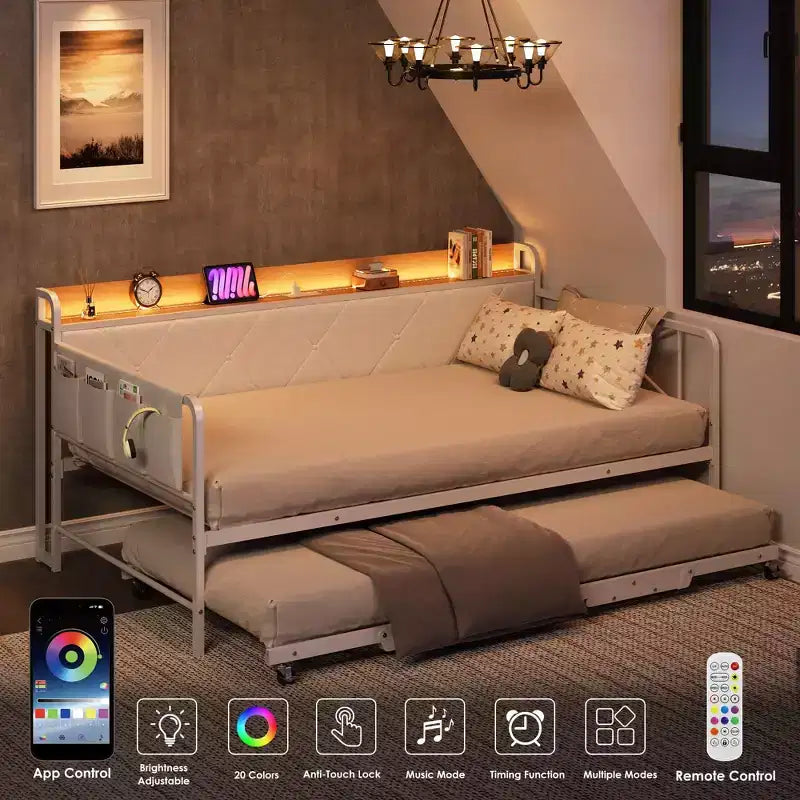 Divano letto con rotelle ed illuminazione LED, letto singolo con testiera imbottita e stazione di ricarica, divano letto con struttura in metallo per soggiorno