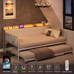 Divano letto con rotelle ed illuminazione LED, letto singolo con testiera imbottita e stazione di ricarica, divano letto con struttura in metallo per soggiorno