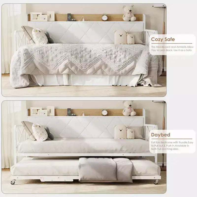 Divano letto con rotelle ed illuminazione LED, letto singolo con testiera imbottita e stazione di ricarica, divano letto con struttura in metallo per soggiorno