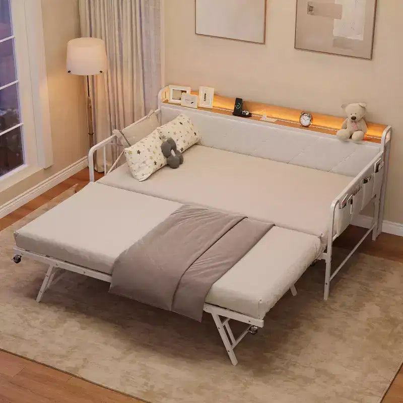 Divano letto con rotelle ed illuminazione LED, letto singolo con testiera imbottita e stazione di ricarica, divano letto con struttura in metallo per soggiorno