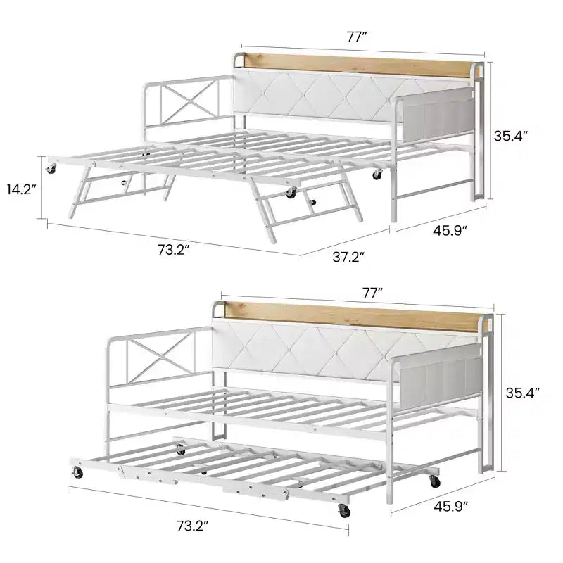 Divano letto con rotelle ed illuminazione LED, letto singolo con testiera imbottita e stazione di ricarica, divano letto con struttura in metallo per soggiorno
