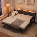 Divano letto con rotelle ed illuminazione LED, letto singolo con testiera imbottita e stazione di ricarica, divano letto con struttura in metallo per soggiorno