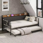 Divano letto con rotelle ed illuminazione LED, letto singolo con testiera imbottita e stazione di ricarica, divano letto con struttura in metallo per soggiorno