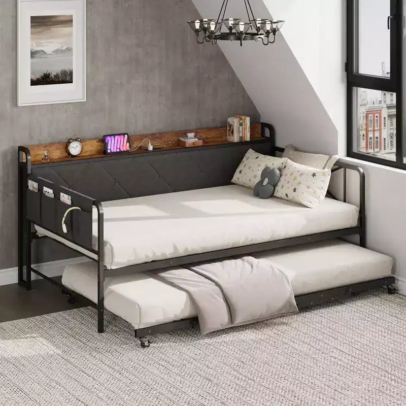 Divano letto con rotelle ed illuminazione LED, letto singolo con testiera imbottita e stazione di ricarica, divano letto con struttura in metallo per soggiorno