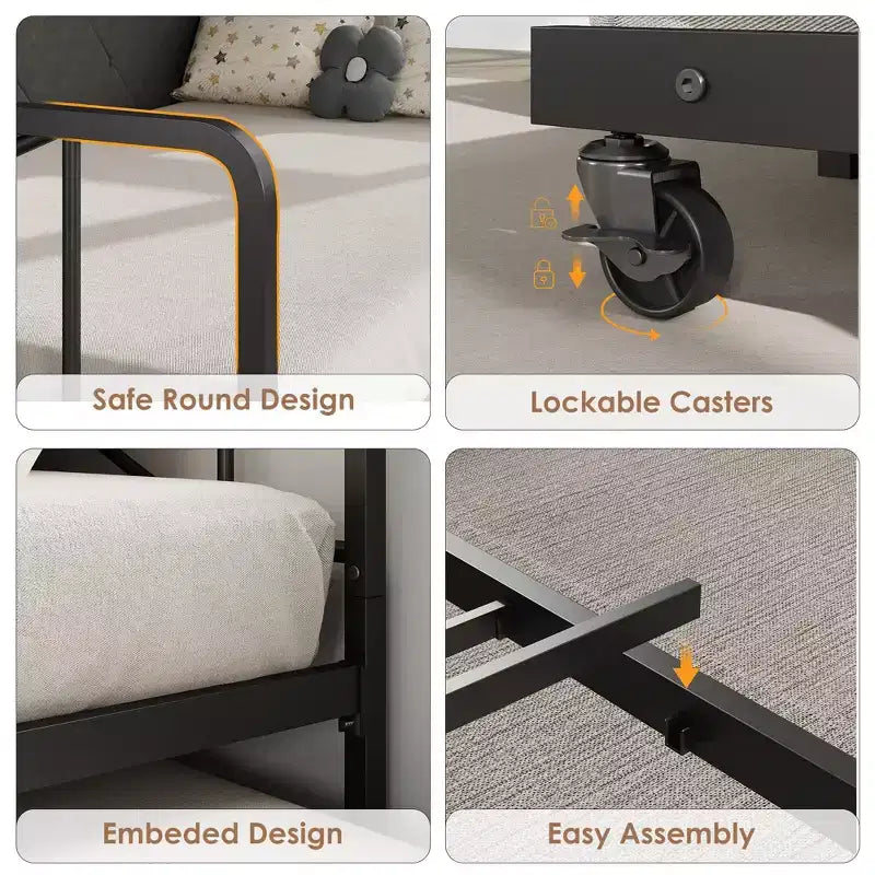 Divano letto con rotelle ed illuminazione LED, letto singolo con testiera imbottita e stazione di ricarica, divano letto con struttura in metallo per soggiorno