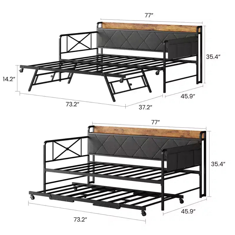 Divano letto con rotelle ed illuminazione LED, letto singolo con testiera imbottita e stazione di ricarica, divano letto con struttura in metallo per soggiorno