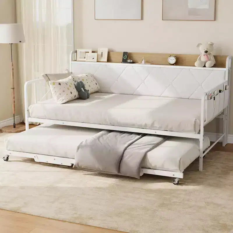 Divano letto con rotelle ed illuminazione LED, letto singolo con testiera imbottita e stazione di ricarica, divano letto con struttura in metallo per soggiorno