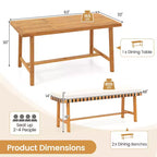 Set da pranzo da patio Gymax 3 pezzi con tavolo rettangolare e 2 panche con foro per ombrellone da 1,97".