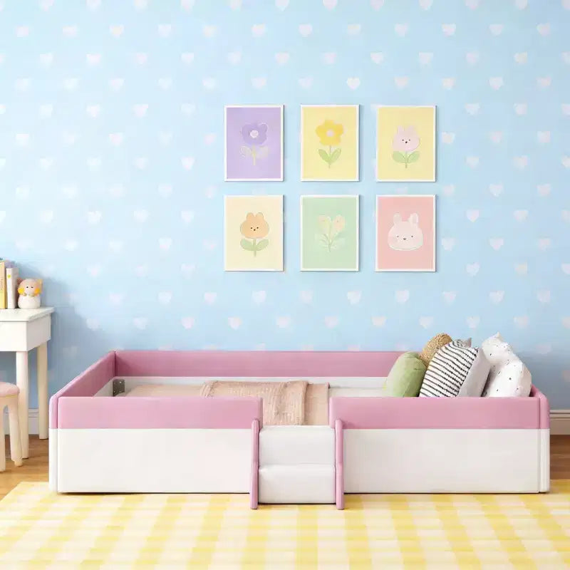 Luxystar Letto a Divano Imbottito in PU King Size con Recinzione e Scale, Rosa+Bianco
