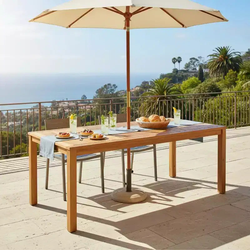 Christopher Knight Home Thitipong - Tavolo da pranzo rettangolare moderno da patio con doghe e foro per ombrellone