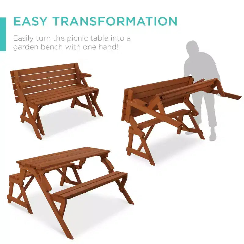 Best Choice Products Tavolo da Picnic/Panca da Giardino in Legno 2-in-1 Trasformabile da Esterno con Foro per Ombrellone - Naturale