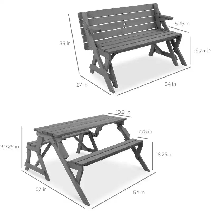 Best Choice Products Tavolo da Picnic/Panca da Giardino in Legno 2-in-1 Trasformabile da Esterno con Foro per Ombrellone - Naturale