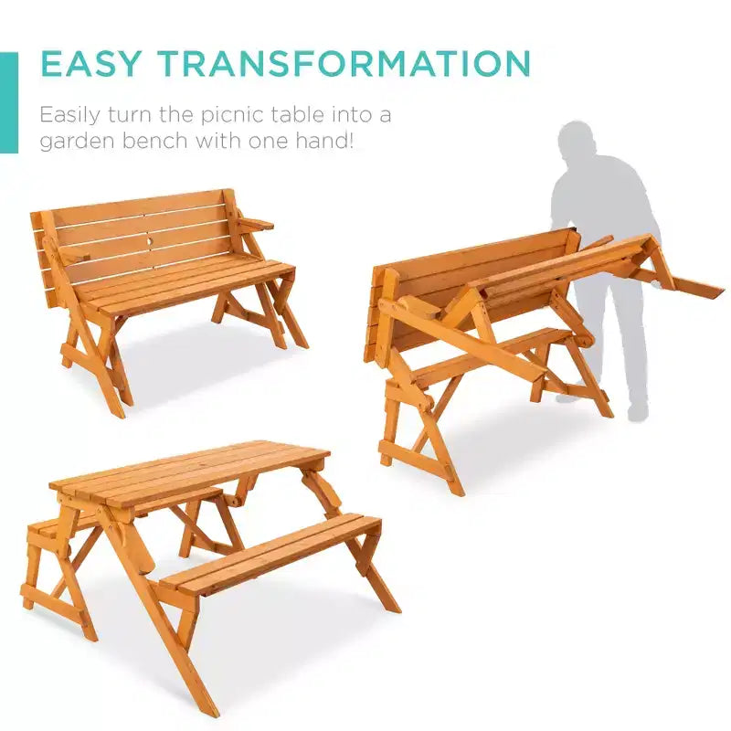 Best Choice Products Tavolo da Picnic/Panca da Giardino in Legno 2-in-1 Trasformabile da Esterno con Foro per Ombrellone - Naturale