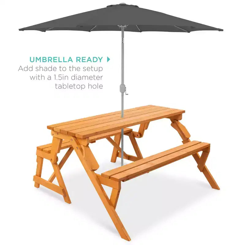 Best Choice Products Tavolo da Picnic/Panca da Giardino in Legno 2-in-1 Trasformabile da Esterno con Foro per Ombrellone - Naturale