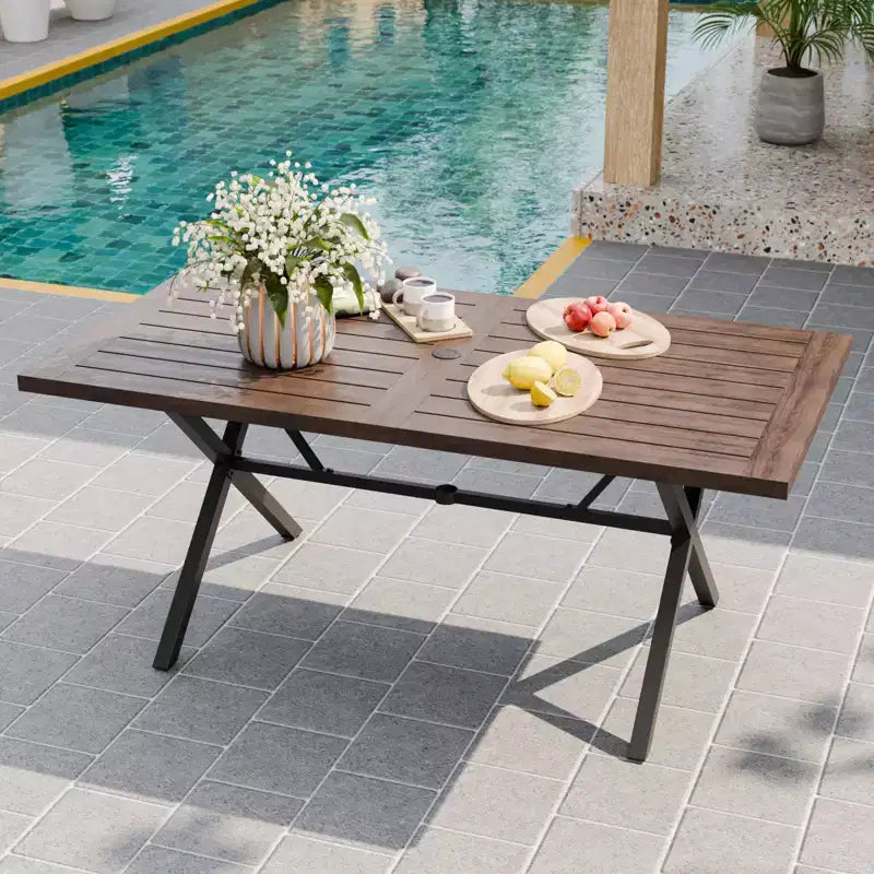EAGLE PEAK Outdoor 6-Person Dining Table with Umbrella Hole, Natural Wood and Steel Patio Table for Garden, Deck & BackyardBrown