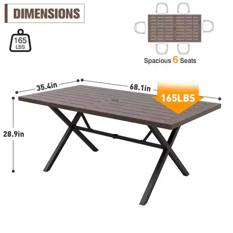 Tavolo da pranzo per esterni EAGLE PEAK a 6 posti con foro per ombrellone, tavolo da patio in legno naturale e acciaio per giardino, terrazza e cortile Marrone