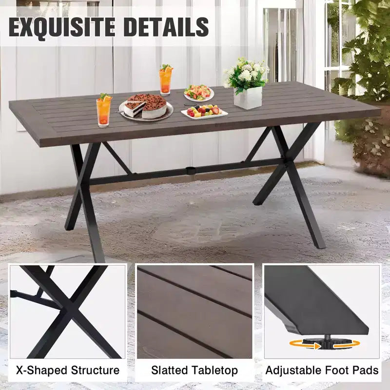 Tavolo da pranzo per esterni EAGLE PEAK a 6 posti con foro per ombrellone, tavolo da patio in legno naturale e acciaio per giardino, terrazza e cortile Marrone