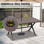 Tavolo da pranzo per esterni EAGLE PEAK a 6 posti con foro per ombrellone, tavolo da patio in legno naturale e acciaio per giardino, terrazza e cortile Marrone