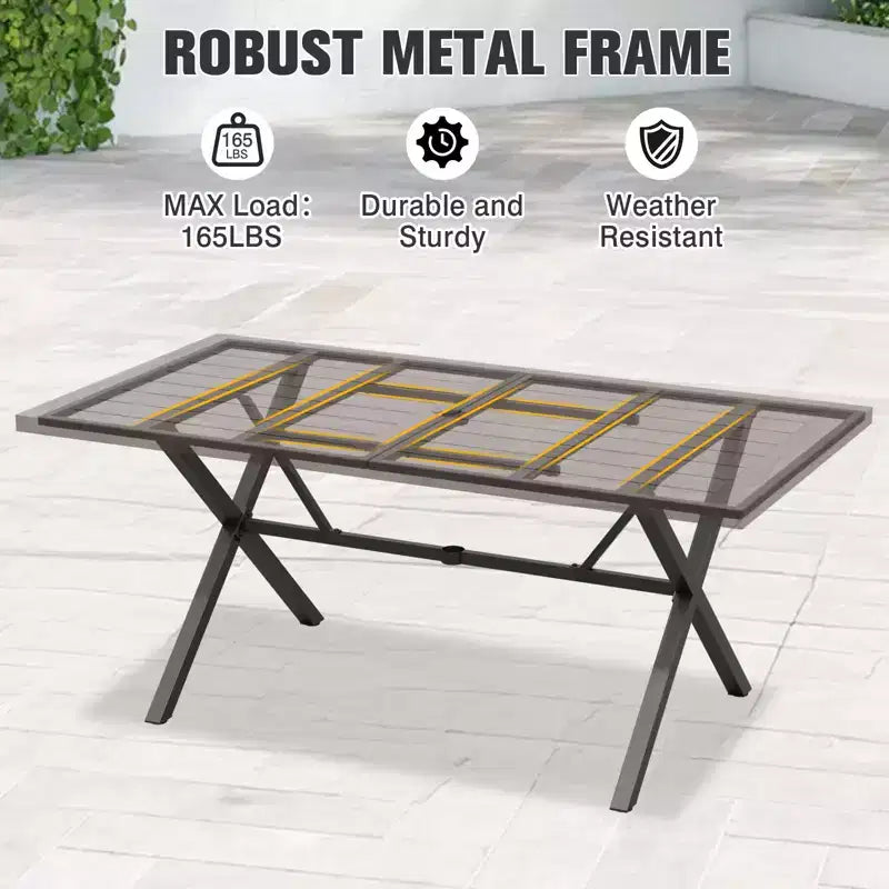 Tavolo da pranzo per esterni EAGLE PEAK a 6 posti con foro per ombrellone, tavolo da patio in legno naturale e acciaio per giardino, terrazza e cortile Marrone