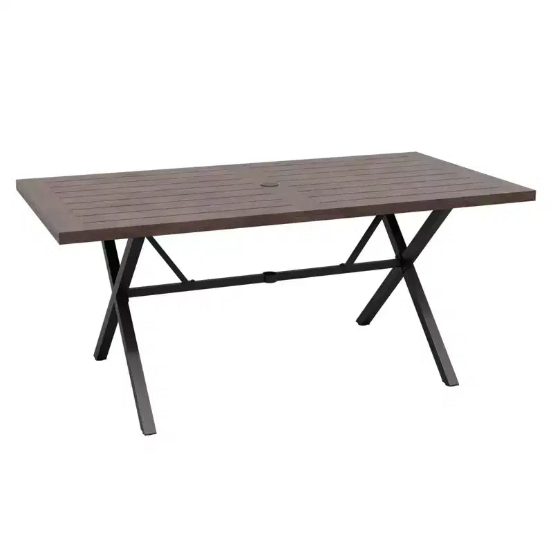 Tavolo da pranzo per esterni EAGLE PEAK a 6 posti con foro per ombrellone, tavolo da patio in legno naturale e acciaio per giardino, terrazza e cortile Marrone
